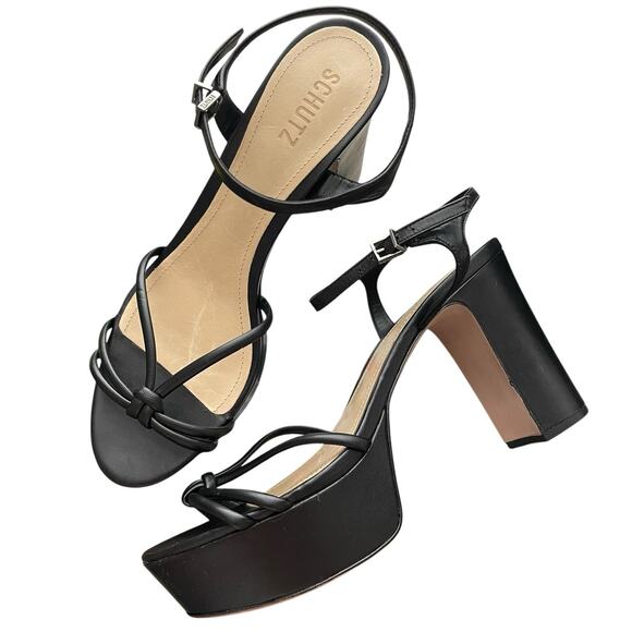 SCHUTZ 10 Platform Heels Block Heel Pumps Strappy Black Leather Sandals - Picture 1 of 10